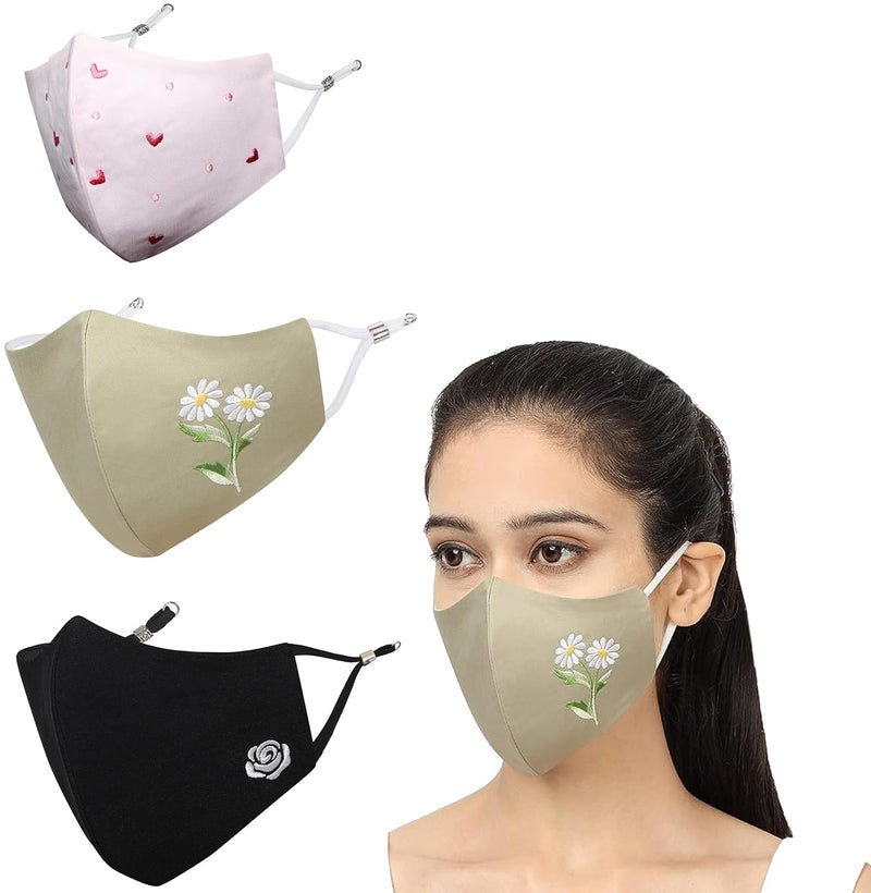 MASQ قناع وجه مزخرف من القطن 100% قابل لإعادة الاستخدام والغسل، مضاد للتلوث (BFE>99%)، 4 طبقات، عصري للنساء مع ضبط الأذن (مجموعة قلب_وردة_03) - Image 1