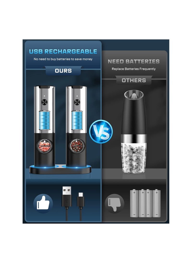 مجموعة مطحنة كهربائية للملح والفلفل، قابلة لشحن USB، لا تحتاج إلى بطاريات، تعمل بيد واحدة، adjustable خشونة، مطحنة توابل إلكترونية تلقائية قابلة لإعادة التعبئة، ضوء أبيض  - Image 4