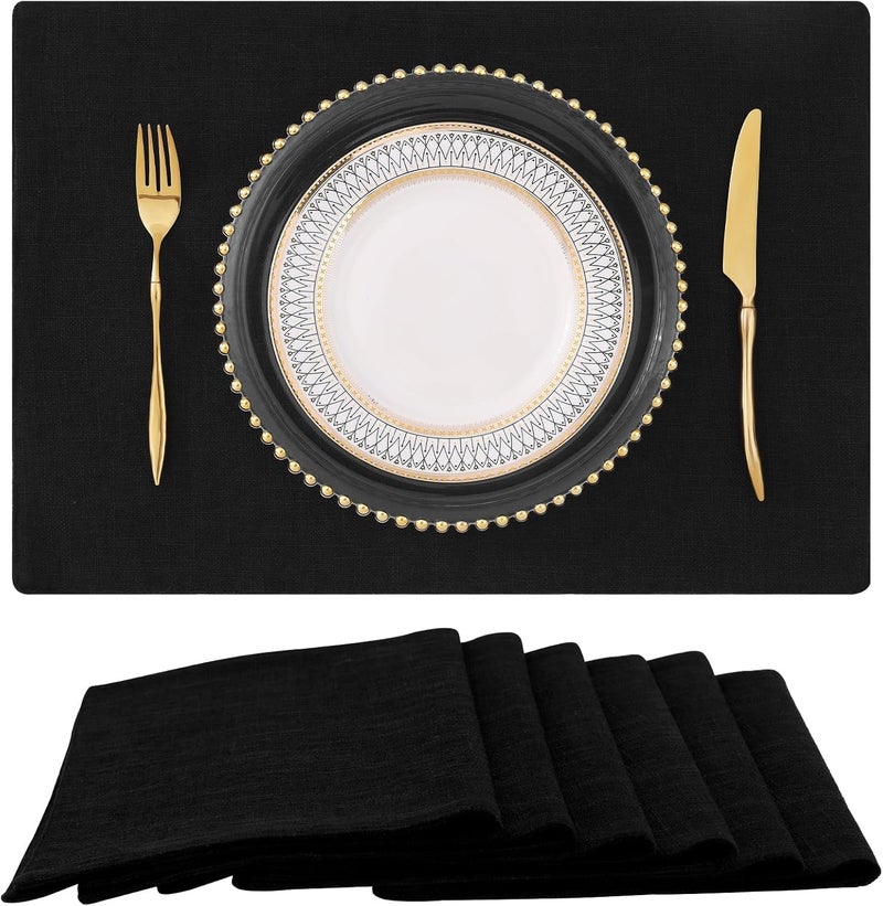 homing Black Cloth Placemats for Dining Table Set of 6  Cotton Linen Blend Washable Farmhouse Kitchen Mats for Indoors  Outdoors  Easy to Clean 13 x 19 Inch - Image 1