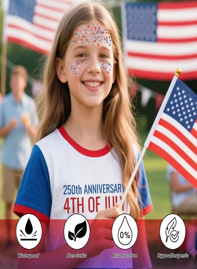 Paminify Red White Blue Hair Glitter Stick,4th of July Patriotic America Flag Star Face Body Glitter,250th Independence Day Outfits for Women, Waterproof Cheer Glitter Makeup for Soccer Game - Image 5
