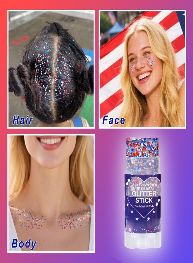 Paminify Red White Blue Hair Glitter Stick,4th of July Patriotic America Flag Star Face Body Glitter,250th Independence Day Outfits for Women, Waterproof Cheer Glitter Makeup for Soccer Game - Image 4