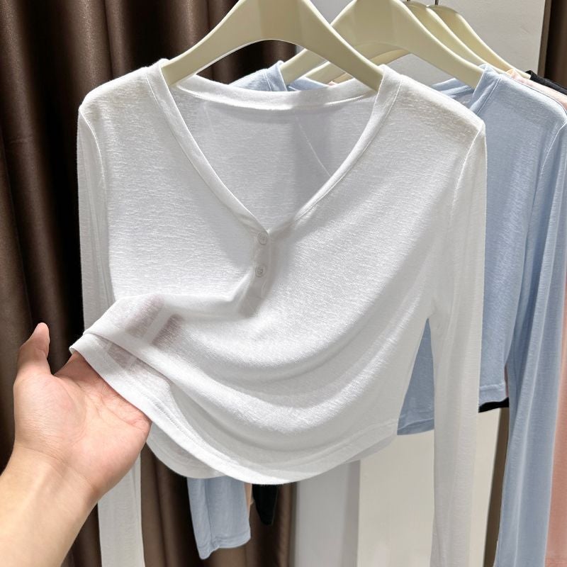 Ice Silk Knitted Sunscreen Blouse Long-sleeved T-shirt Womens Summer Snowflake Cotton Base Shirt Thin Pure V-neck Short Top pink - Image 2