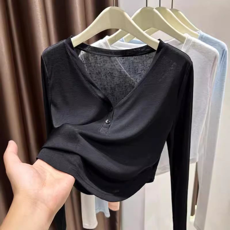Ice Silk Knitted Sunscreen Blouse Long-sleeved T-shirt Womens Summer Snowflake Cotton Base Shirt Thin Pure V-neck Short Top pink - Image 5