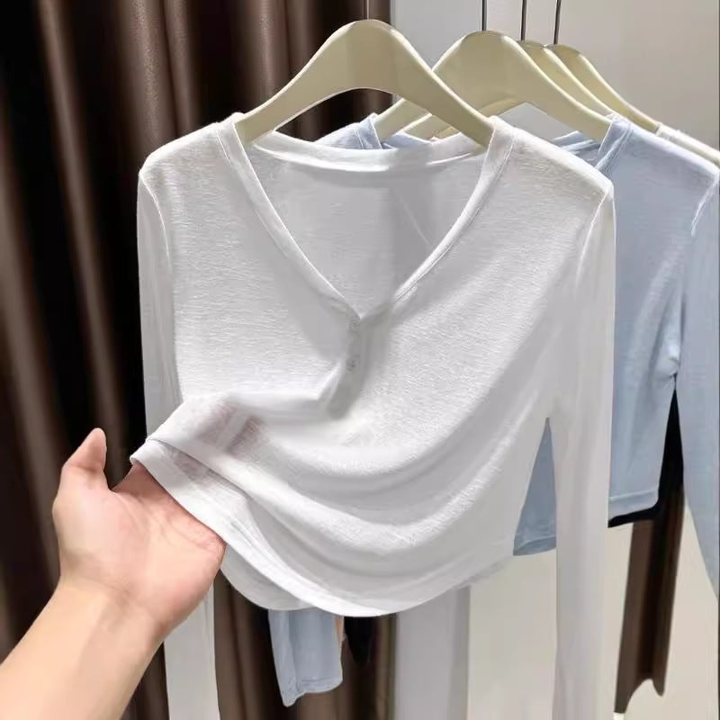 Ice Silk Knitted Sunscreen Blouse Long-sleeved T-shirt Womens Summer Snowflake Cotton Base Shirt Thin Pure V-neck Short Top pink - Image 4