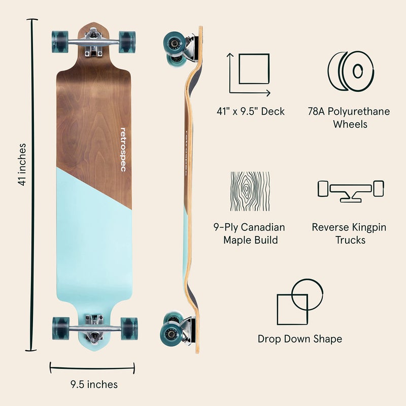 Retrospec Tidal Drop Down Longboard - 41in Adult Skateboard with 9-Ply Canadian Maple Deck, ABEC-9 Bearings & 85A PU Wheels for Cruising & Downhill - Extra Wide Stable Design - Image 2