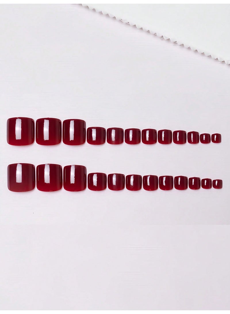 48 Pieces Press On Nails For Fingers And Toes Glossy Burgundy Red Solid Color Design With Jelly Glue And Nail File Reusable Nail Set - Image 5