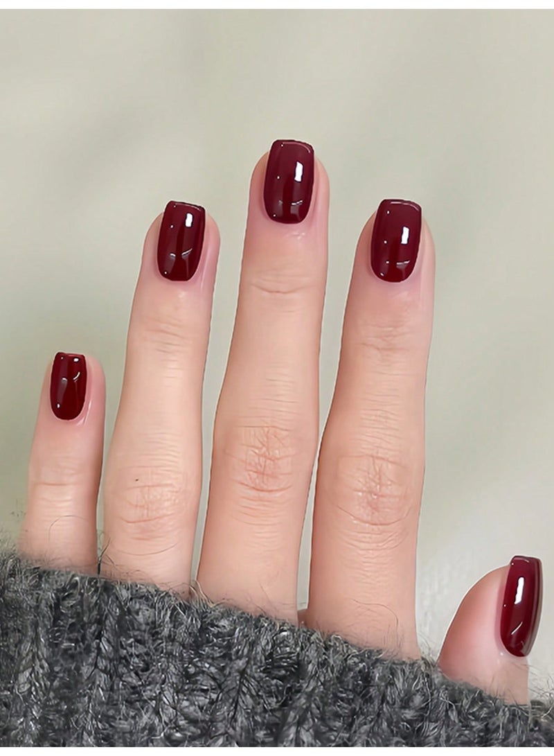 48 Pieces Press On Nails For Fingers And Toes Glossy Burgundy Red Solid Color Design With Jelly Glue And Nail File Reusable Nail Set - Image 3