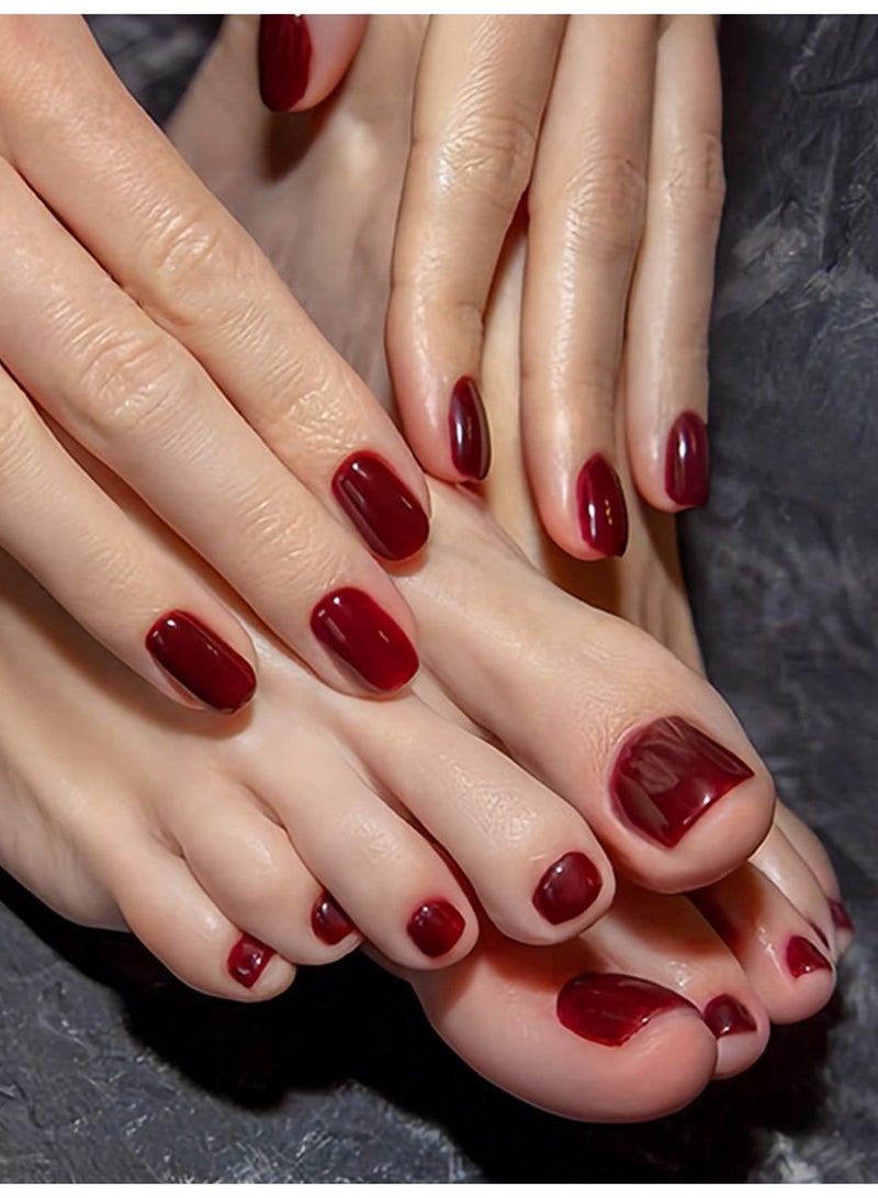 48 Pieces Press On Nails For Fingers And Toes Glossy Burgundy Red Solid Color Design With Jelly Glue And Nail File Reusable Nail Set - Image 1