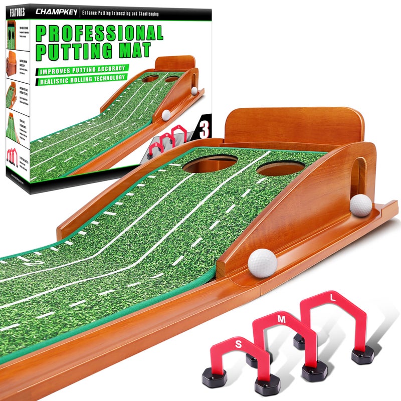 CHAMPKEY Premium Golf Putting Green Indoor with 3 Golf Putting Gates - Improves Putting Accuracy and Skill Levels Golf Putting Mat - Ideal for Indoor and Outdoor Training(Dual Hole - Wooden) - Image 1