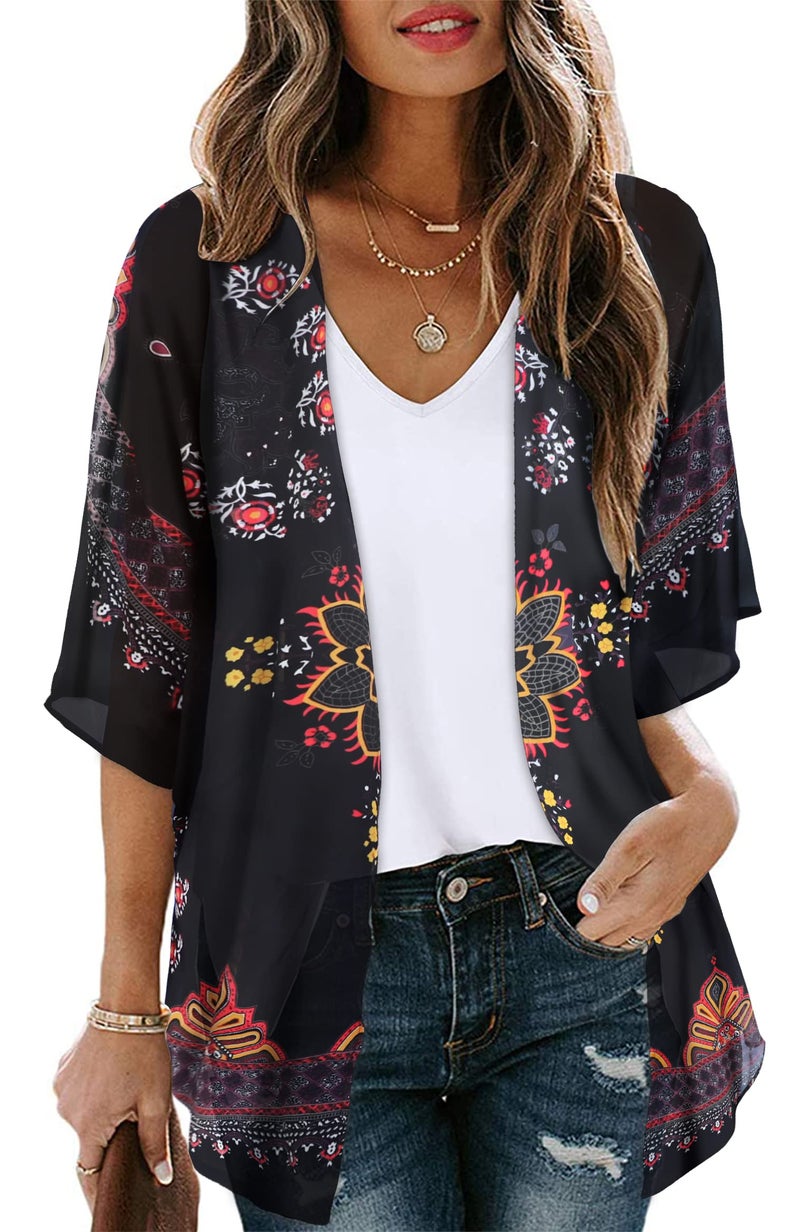 CHICGAL Womens Kimonos Beach Cover Up Chiffon Cardigan Floral Blouse Loose Fit Cape Top Summer Resortwear(Orange Black,XL) - Image 1