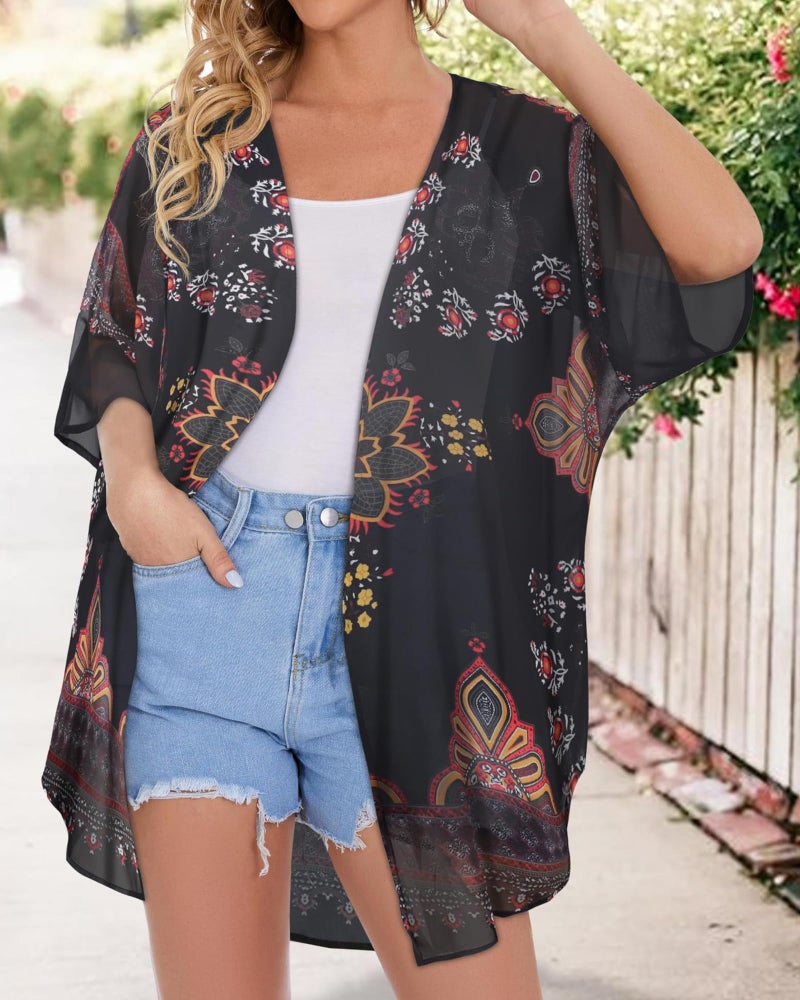 CHICGAL Womens Kimonos Beach Cover Up Chiffon Cardigan Floral Blouse Loose Fit Cape Top Summer Resortwear(Orange Black,XL) - Image 4