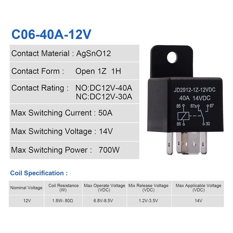 Ehdis 12V Motor Relay 5 Pin Coil 40amp Spdt Model No.: JD2912-1Z-12VDC 40A 14VDC, Contactor Relay Switch Power, Auto Switches & Starters, 2 Pack - Image 3