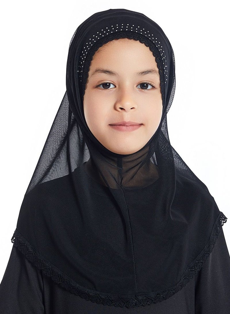 إسكدنيا Girl's Stretch Long Scarf Solid Color Lace Hijab Black  - Image 1