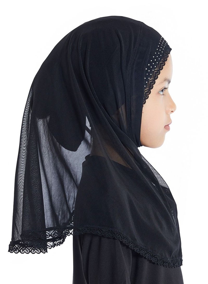 إسكدنيا Girl's Stretch Long Scarf Solid Color Lace Hijab Black  - Image 2