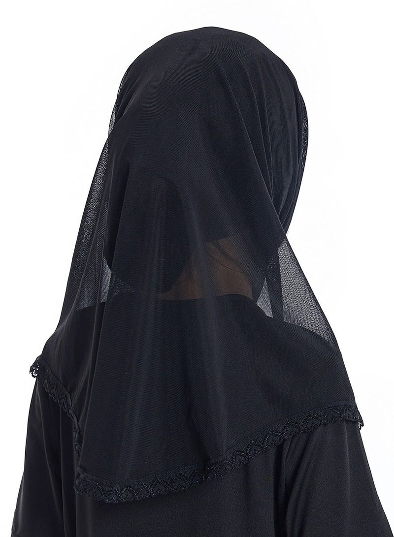 إسكدنيا Girl's Stretch Long Scarf Solid Color Lace Hijab Black  - Image 3