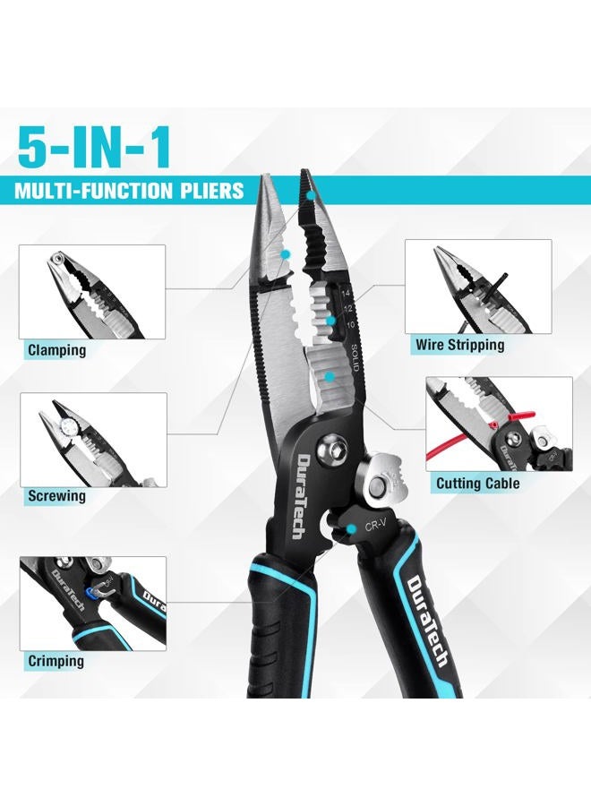 DURATECH 5-in-1 Wire Stripper, 8" Wire Stripper and Crimping Tool, Premium CR-V Construction, Needle Nose Plier, Multifunctional Electrician Pliers for Crimping, Cutting, Stripping, Shearing, Clamping - Image 2