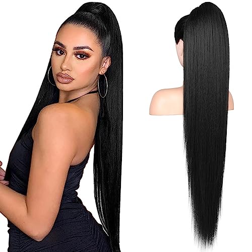 FLUFYMOOZ ponytail extension, 36 Inch Long Straight Drawstring Ponytail Synthetic Hairpieces Fake Pony Tails Natural Soft Clip in Hair Extension ponytail for Women (Jet Black) - Image 1