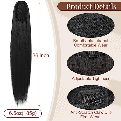 FLUFYMOOZ ponytail extension, 36 Inch Long Straight Drawstring Ponytail Synthetic Hairpieces Fake Pony Tails Natural Soft Clip in Hair Extension ponytail for Women (Jet Black) - Image 3