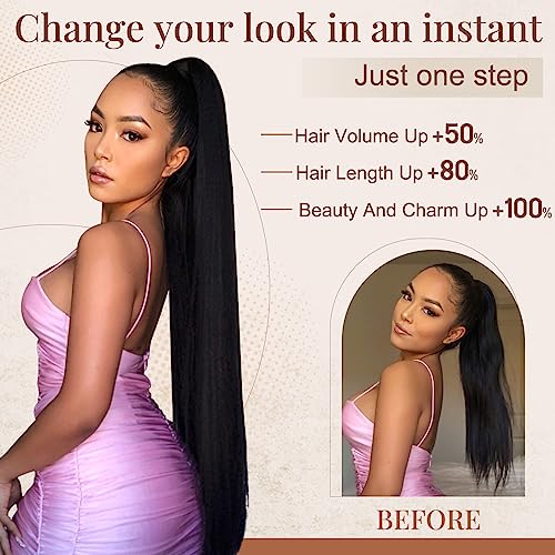 FLUFYMOOZ ponytail extension, 36 Inch Long Straight Drawstring Ponytail Synthetic Hairpieces Fake Pony Tails Natural Soft Clip in Hair Extension ponytail for Women (Jet Black) - Image 5