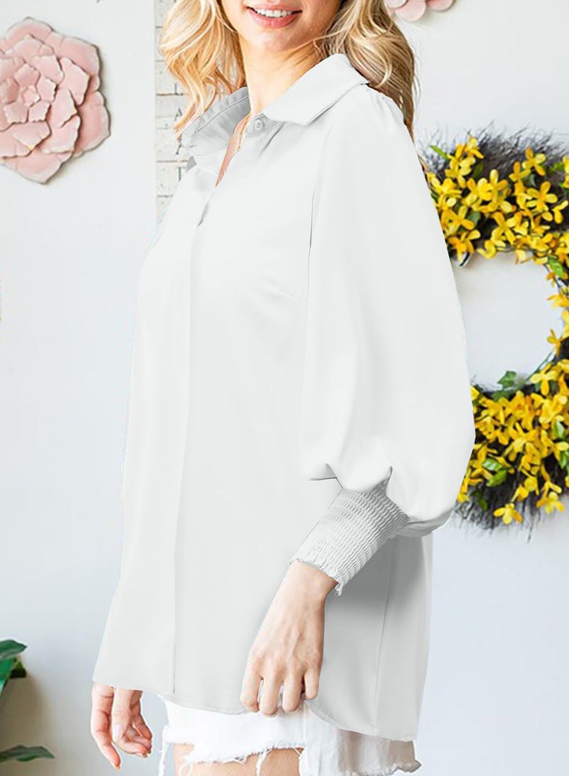 Astylish Boho Tops for Women Puff Sleeve Blouse Spring Summer V-Neck Solid Oversized Button Down Shirt Dressy White Medium - Image 5