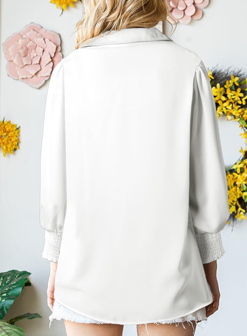 Astylish Boho Tops for Women Puff Sleeve Blouse Spring Summer V-Neck Solid Oversized Button Down Shirt Dressy White Medium - Image 3