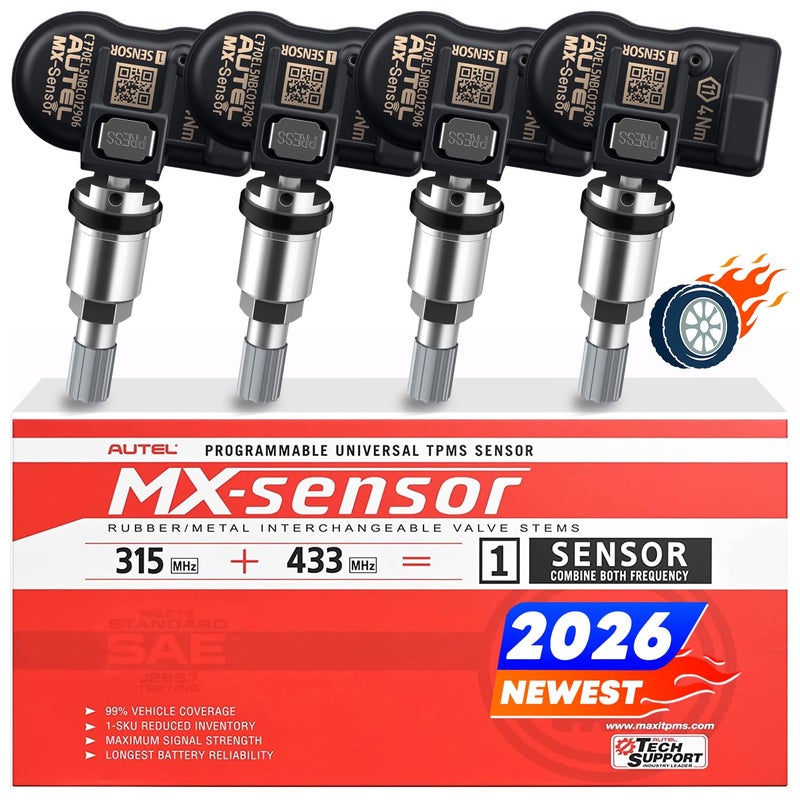Autel TPMS Sensor Set of 4, MX-Sensor 2in 1 315MHz + 433MHz Press-in TPMS Universal Programmable Sensor, OE-Level 100% Cloneable by Autel TPMS Tool TS408S TS501 PRO TS508 TS508WF (4PCS Metal Stem) - Image 1