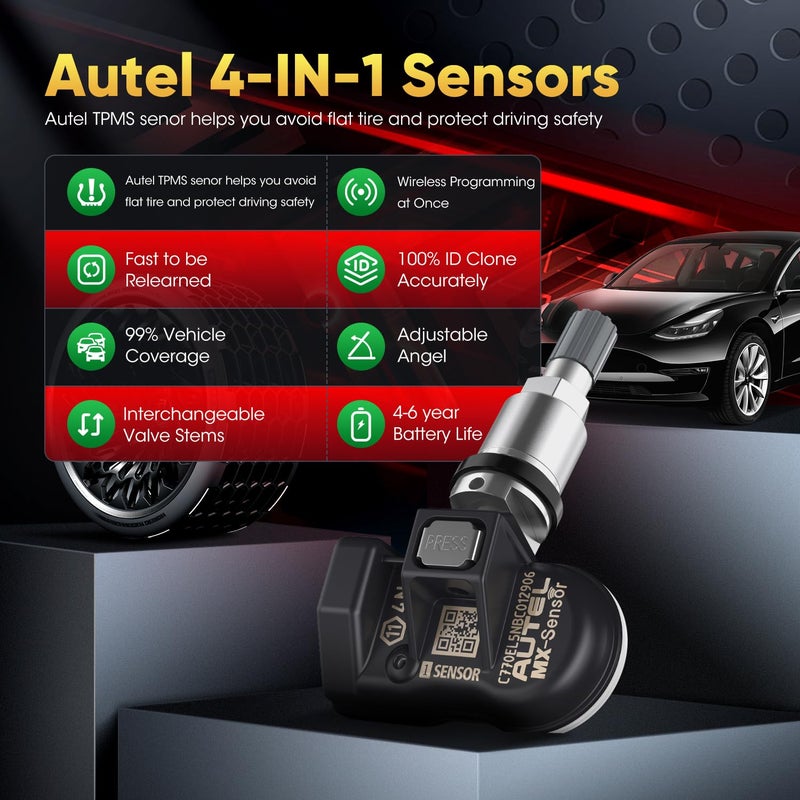 Autel TPMS Sensor Set of 4, MX-Sensor 2in 1 315MHz + 433MHz Press-in TPMS Universal Programmable Sensor, OE-Level 100% Cloneable by Autel TPMS Tool TS408S TS501 PRO TS508 TS508WF (4PCS Metal Stem) - Image 2