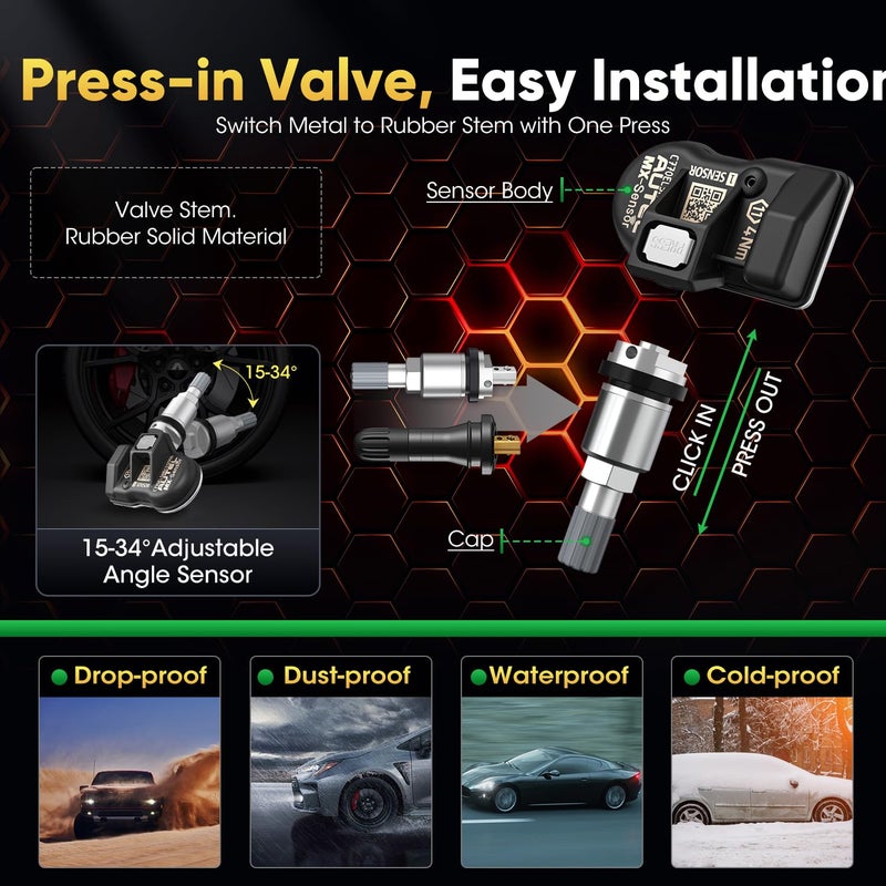 Autel TPMS Sensor Set of 4, MX-Sensor 2in 1 315MHz + 433MHz Press-in TPMS Universal Programmable Sensor, OE-Level 100% Cloneable by Autel TPMS Tool TS408S TS501 PRO TS508 TS508WF (4PCS Metal Stem) - Image 5