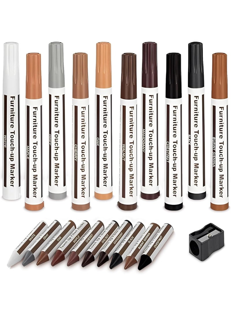 MARKQ طقم إصلاح الأثاث علامات خشبية متعددة الألوان | 10 علامات خشبية، 10 أعواد شمع ومبراة | تغطي الخدوش، البقع والتعديلات على الأرضيات الخشبية، الخزائن، الطاولات، المكاتب وغيرها من الأسطح الخشبية - Image 1