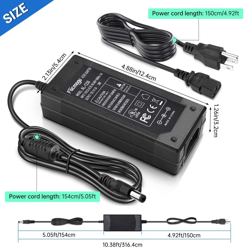 Facmogu محول طاقة Facmogu 3 شقوق DC 12V 3A 36W من AC إلى DC، محول سطح المكتب مع 5.5x2.1mm و 2.5mm، محول طاقة 12V، محول طاقة 12 فولت 3 أمبير بطول إجمالي 9.84 قدم/ 3 متر - Image 2