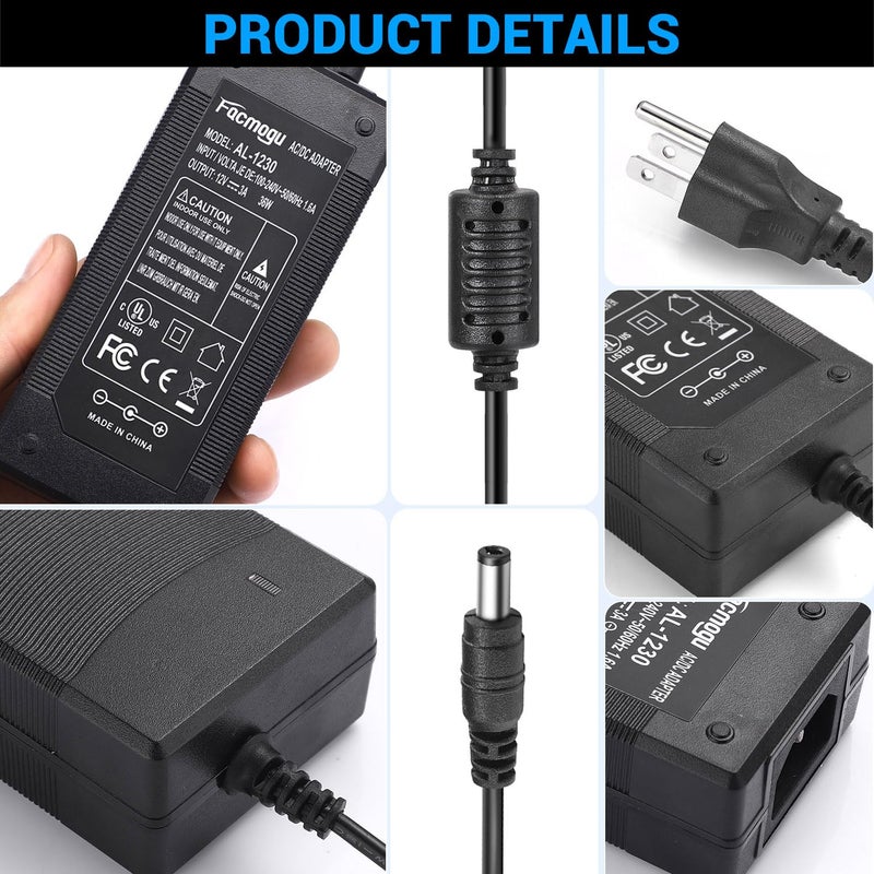 Facmogu محول طاقة Facmogu 3 شقوق DC 12V 3A 36W من AC إلى DC، محول سطح المكتب مع 5.5x2.1mm و 2.5mm، محول طاقة 12V، محول طاقة 12 فولت 3 أمبير بطول إجمالي 9.84 قدم/ 3 متر - Image 3