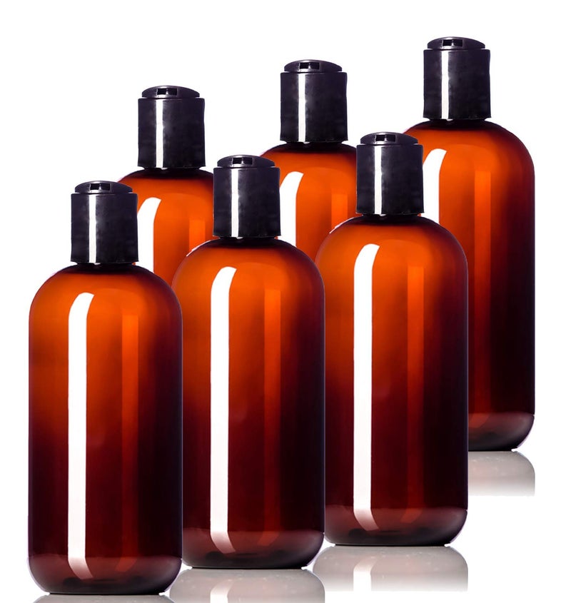Aromine 8oz Plastic Amber Bottles (6 Pack) BPA-Free Squeeze Containers with Disc Cap, Labels Included - Image 5