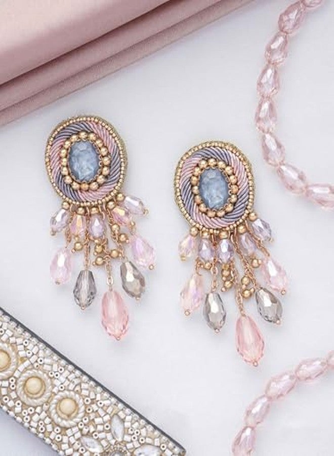 SANJOYA by EVERSTYLISH Embroidered Earrings for Women | Pastel Stone & Beaded Dangler Earrings | Ethnic Jewelry for Weddings, Festivals & Special Occasions - Image 4