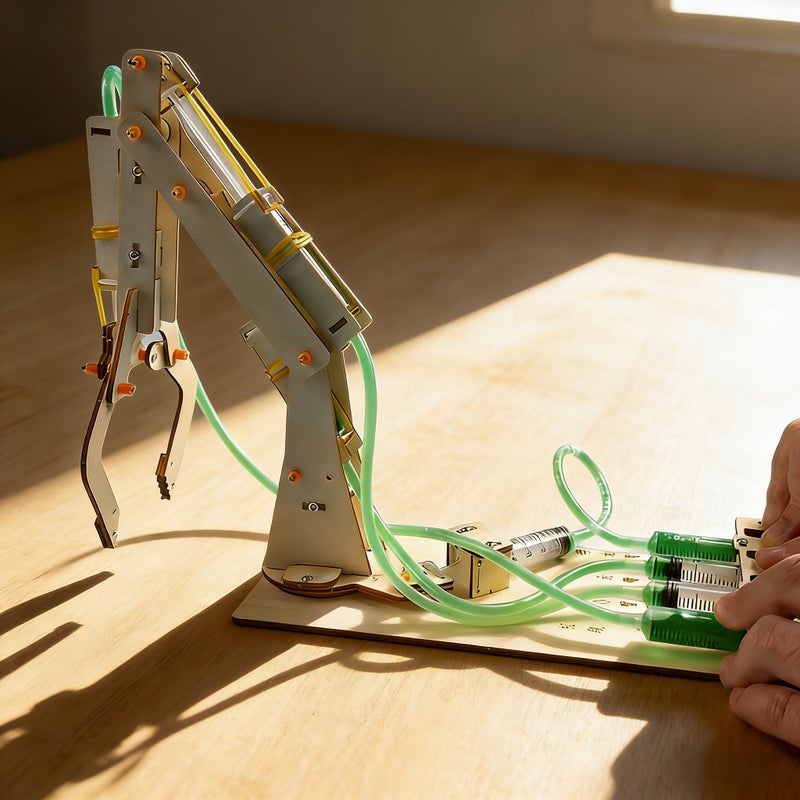 Two Claw Hydraulic Robotic Arm Kit Wood Educational Toy - Image 3