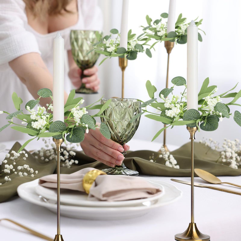 YLOLUL 4 PCS Eucalyptus Taper Candle Rings Wreaths 1.38" Mini Spring Summer Floral Taper Candle Holder Wreaths Green Artificial Flower Table Centerpieces Wreath for Church Farmhouse Home Candlesticks Decor - Image 5