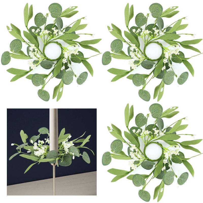 YLOLUL 4 PCS Eucalyptus Taper Candle Rings Wreaths 1.38" Mini Spring Summer Floral Taper Candle Holder Wreaths Green Artificial Flower Table Centerpieces Wreath for Church Farmhouse Home Candlesticks Decor - Image 1