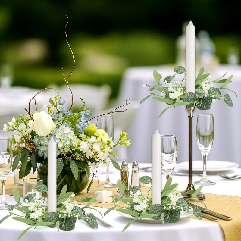 YLOLUL 4 PCS Eucalyptus Taper Candle Rings Wreaths 1.38" Mini Spring Summer Floral Taper Candle Holder Wreaths Green Artificial Flower Table Centerpieces Wreath for Church Farmhouse Home Candlesticks Decor - Image 4