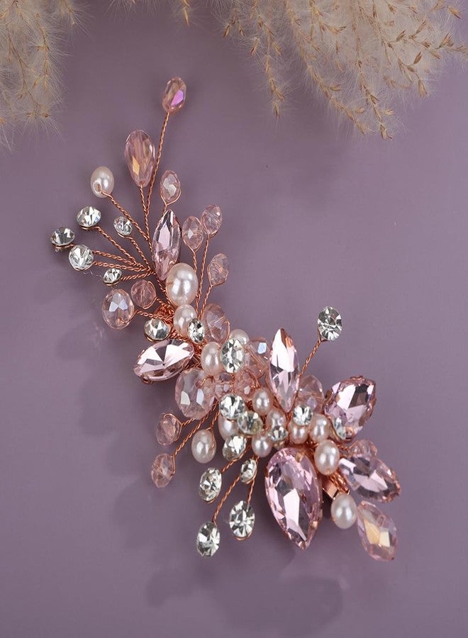 Rumtock Pink Crystal Hair Clip for Women Wedding Bridal Handmade Hair Accessories Side Headpiece Jewelry (Pink) - Image 3