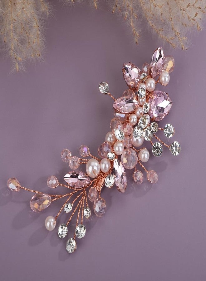 Rumtock Pink Crystal Hair Clip for Women Wedding Bridal Handmade Hair Accessories Side Headpiece Jewelry (Pink) - Image 1