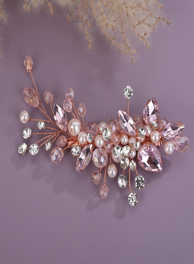 Rumtock Pink Crystal Hair Clip for Women Wedding Bridal Handmade Hair Accessories Side Headpiece Jewelry (Pink) - Image 2