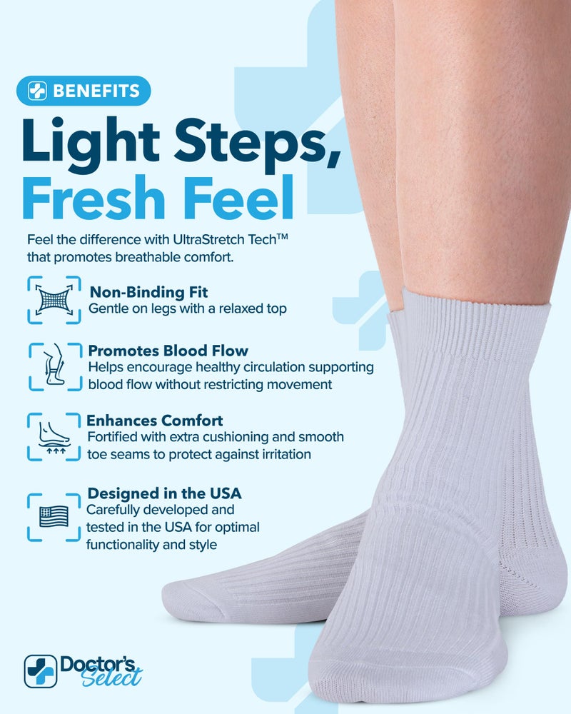 Doctor's Select Bamboo Viscose Diabetic Socks for Men & Women - 6 Pairs | Moisture-Wicking, Non Binding, Wide Top, Neuropathy Socks for Men, Black, White, Gray/G-6Prs - Image 2