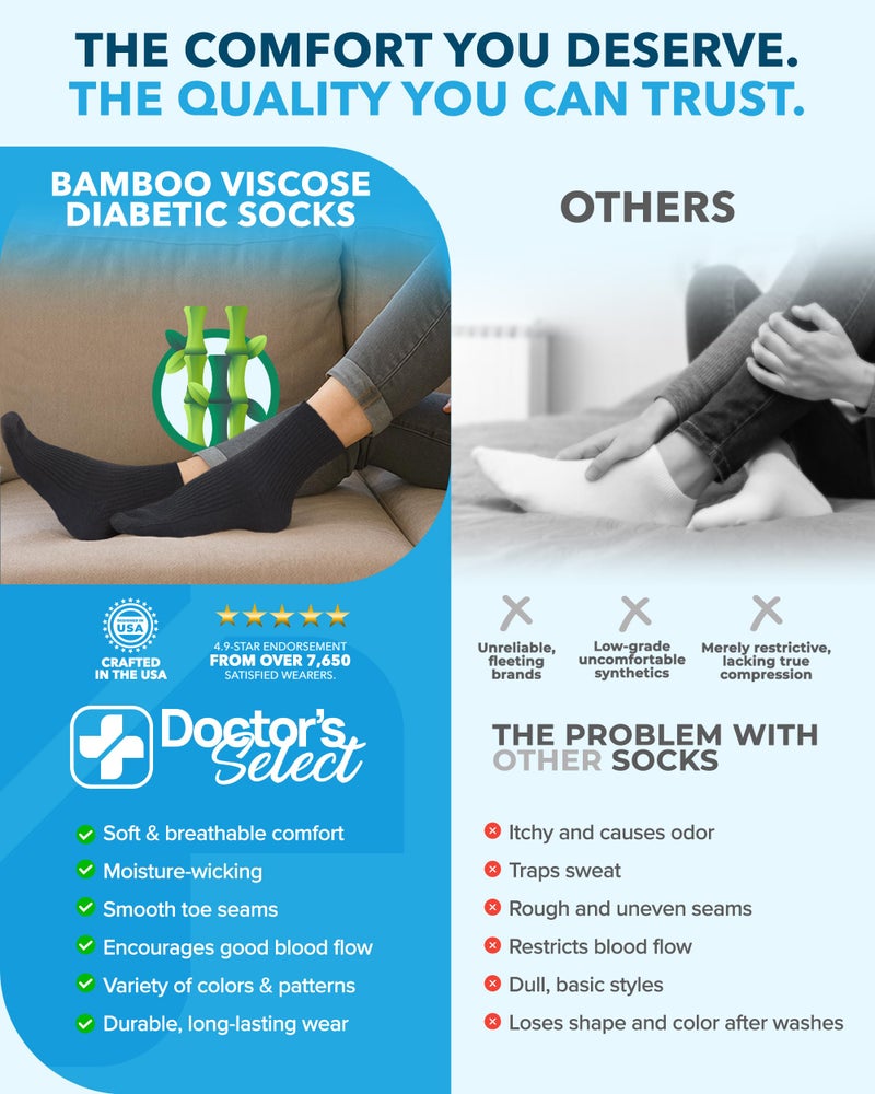 Doctor's Select Bamboo Viscose Diabetic Socks for Men & Women - 6 Pairs | Moisture-Wicking, Non Binding, Wide Top, Neuropathy Socks for Men, Black, White, Gray/G-6Prs - Image 3