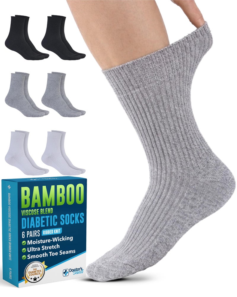 Doctor's Select Bamboo Viscose Diabetic Socks for Men & Women - 6 Pairs | Moisture-Wicking, Non Binding, Wide Top, Neuropathy Socks for Men, Black, White, Gray/G-6Prs - Image 1