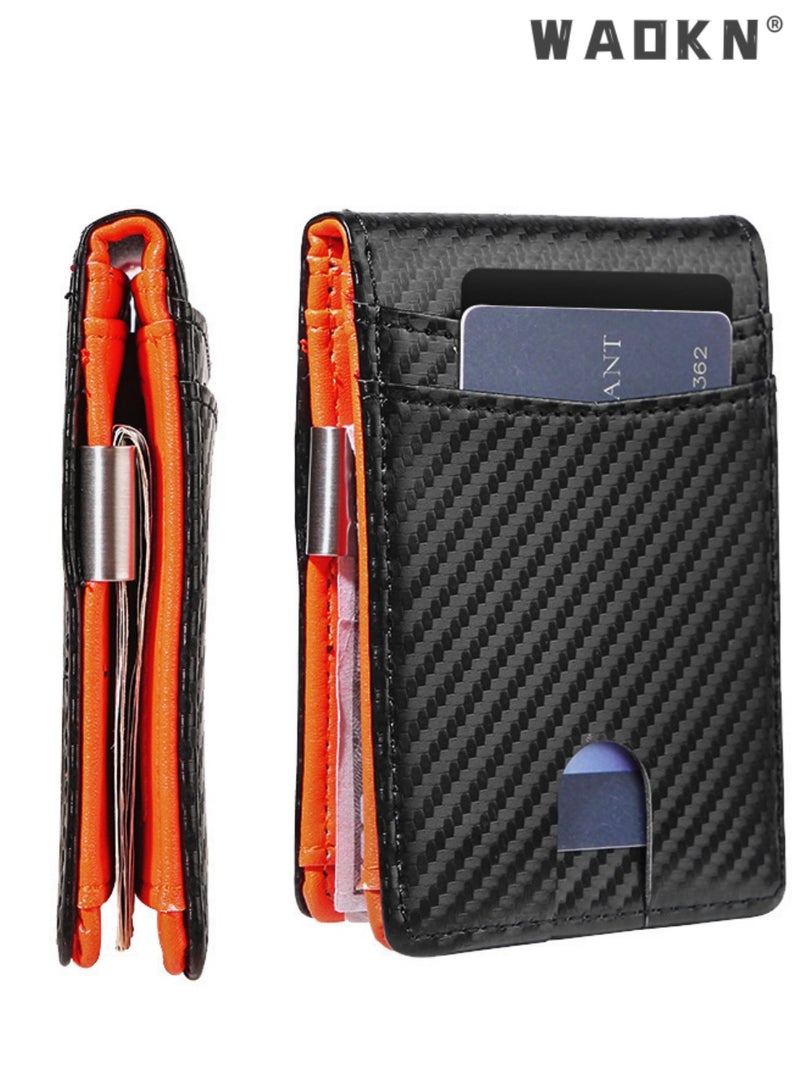 WAOKN Wallet for Men Slim Larger Capacity， Business Bifold Short Wallet, Anti-Magnetic RFID Blocking PVC Card Holder with Straw Woven Striped Design, Minimalist Credit Card Holder with ID Window ，Breathable Antibacterial Slim Purse with PU Lining for Daily Work, Man Birhtday Present，Black Orange - Image 1