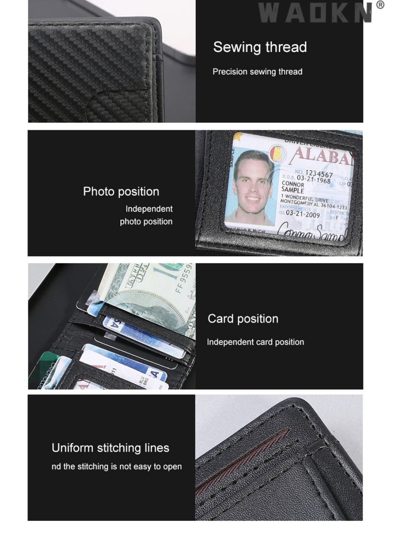 WAOKN Wallet for Men Slim Larger Capacity， Business Bifold Short Wallet, Anti-Magnetic RFID Blocking PVC Card Holder with Straw Woven Striped Design, Minimalist Credit Card Holder with ID Window ，Breathable Antibacterial Slim Purse with PU Lining for Daily Work, Man Birhtday Present，Black Orange - Image 4