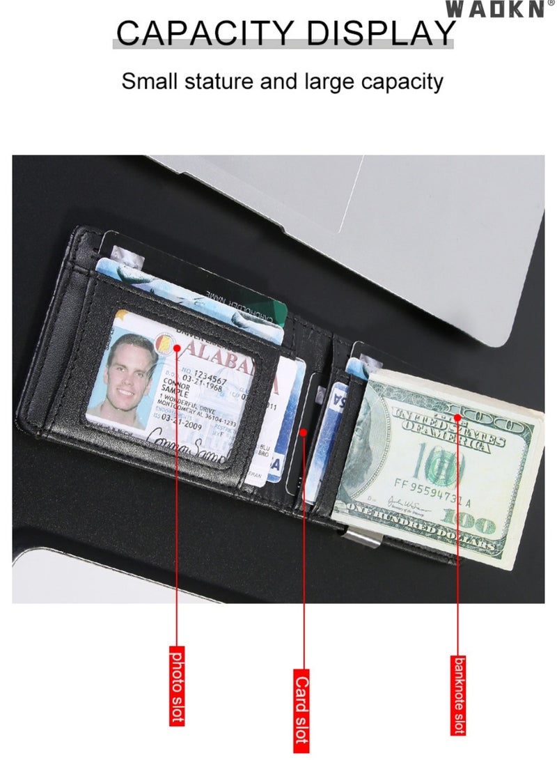 WAOKN Wallet for Men Slim Larger Capacity， Business Bifold Short Wallet, Anti-Magnetic RFID Blocking PVC Card Holder with Straw Woven Striped Design, Minimalist Credit Card Holder with ID Window ，Breathable Antibacterial Slim Purse with PU Lining for Daily Work, Man Birhtday Present，Black Orange - Image 3