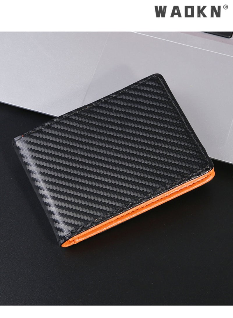 WAOKN Wallet for Men Slim Larger Capacity， Business Bifold Short Wallet, Anti-Magnetic RFID Blocking PVC Card Holder with Straw Woven Striped Design, Minimalist Credit Card Holder with ID Window ，Breathable Antibacterial Slim Purse with PU Lining for Daily Work, Man Birhtday Present，Black Orange - Image 2