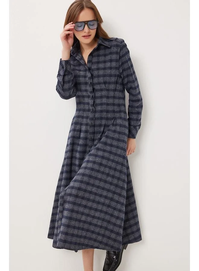Lovely Istanbul Checkered Midi Woven Dress LLW0001 Navy Gray.