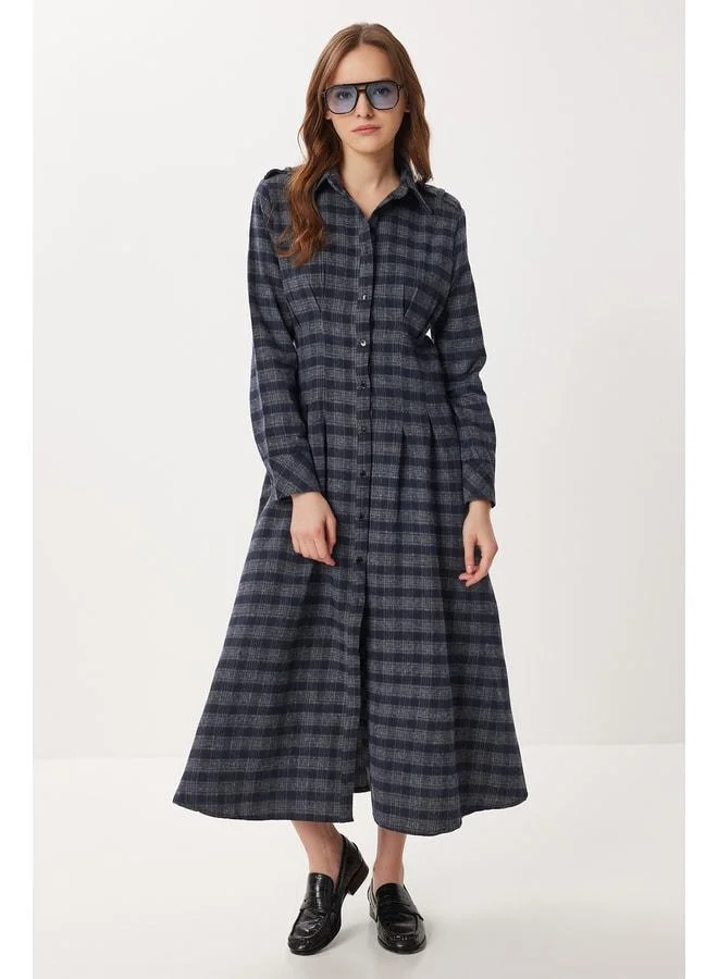 Lovely Istanbul Checkered Midi Woven Dress LLW0001 Navy Gray.