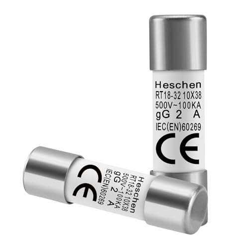 Heschen RT18-32 (RO15) Cylindrical Ceramic Fuse 10x38mm, 2A 500V AC, 100kA gG Class - Fast Acting Replacement for Industrial Control Panels (20 Pack) - Image 1